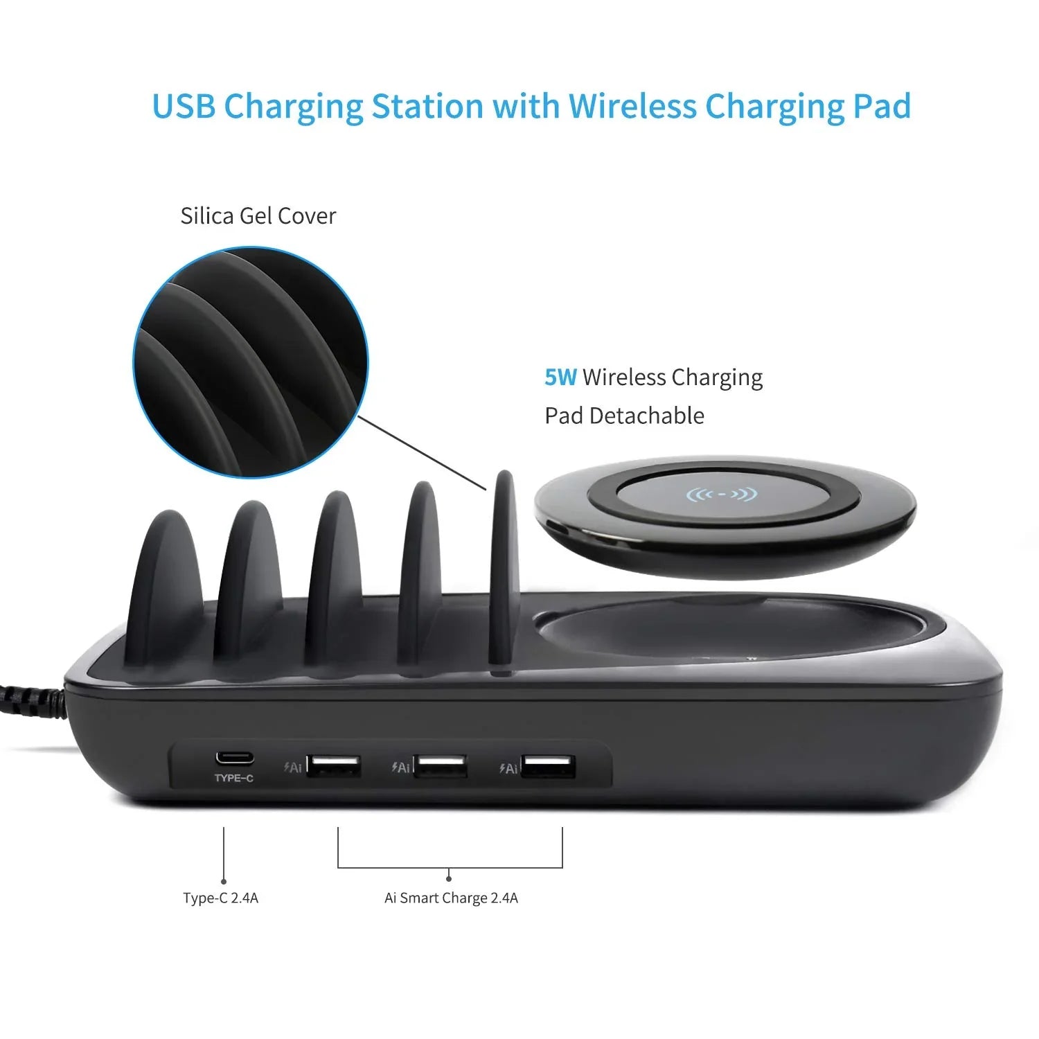 Soopii Wiv6 - 5In1 - 4 Ports Usb and Wireless Charging Station - Black - Tashqila Soopii Wiv6 - 5In1 - 4 Ports Usb and Wireless Charging Station - Black - Tashqila